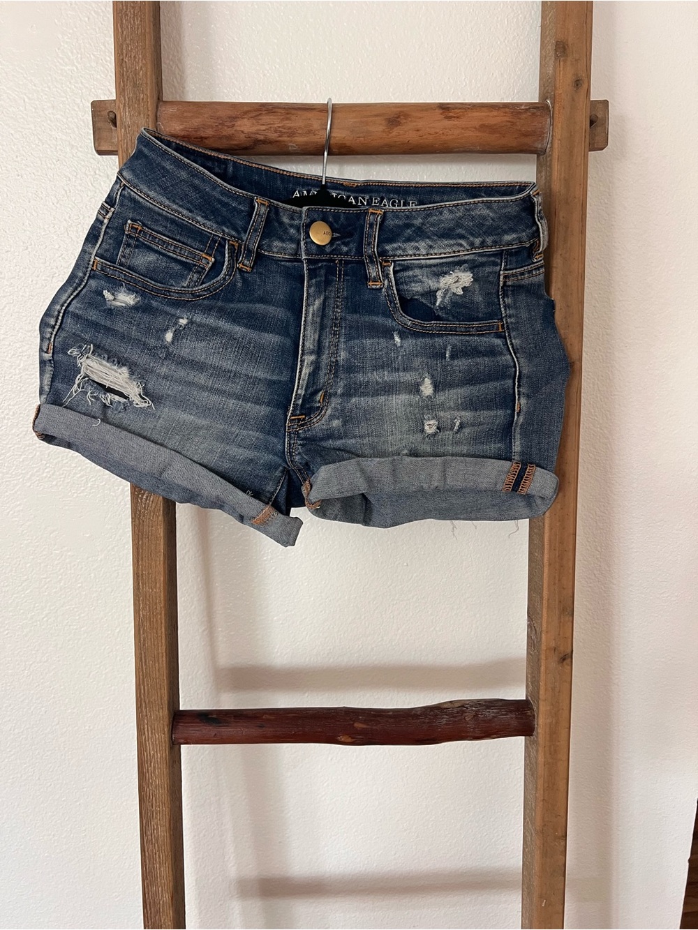 American Eagle Outfitters Dark Blue Distressed Denim Roll-Cuff Shorts